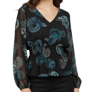 WHITE HOUSE BLACK MARKET Black Printed V-Neck Smocked Waist Blouse Size X-Large